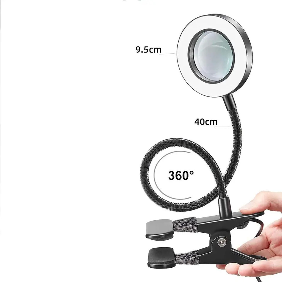 10X Clip Magnifying Glass with Lamp Pattern Embroidery Manicure Eyelash Special Beauty Salon Black and White Silver 250804
