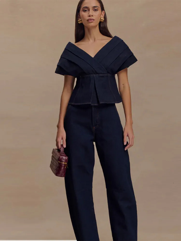 Womens Sexy Two-Piece Suit Denim Long Pants Set High Street Deep V-Neck Bandage Top Backless Straight Loose Jeans 250806
