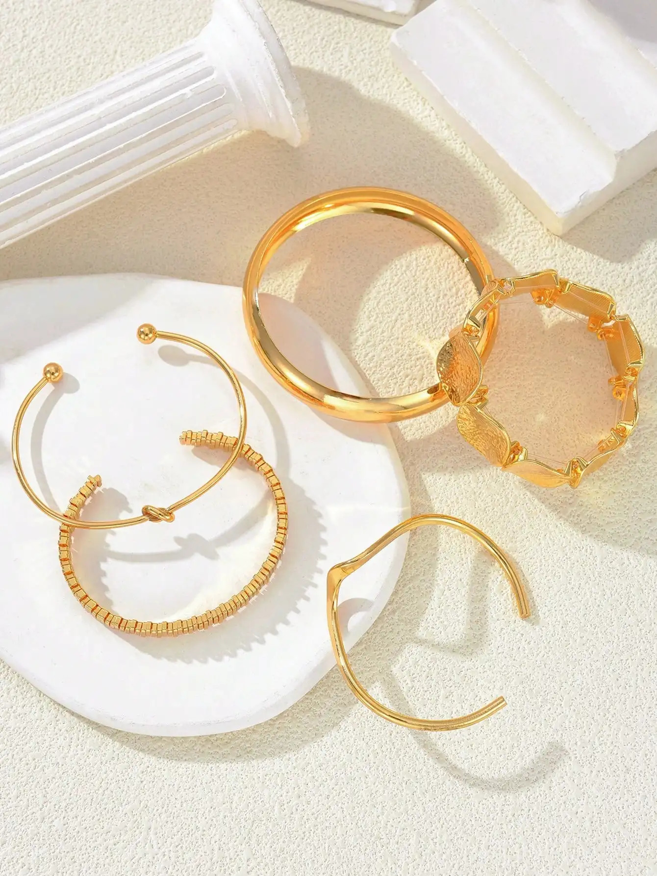 5 Pieces of Retro Exaggerated and Gorgeous Womens Bracelet Set with Geometric Wide Metal Golden Yellow Bracelet Set Suitable for Daily Vacation Party 