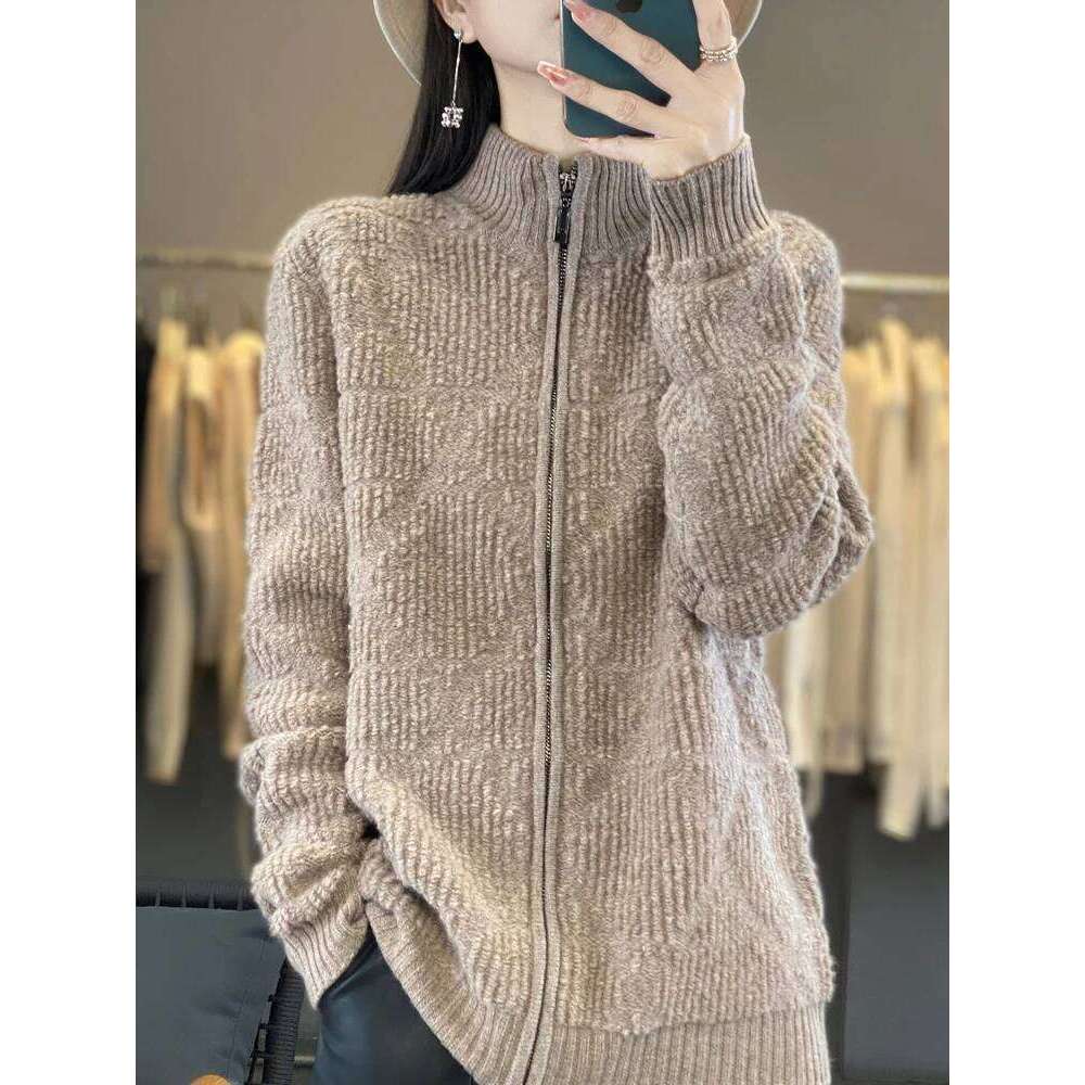 Women's 100% Pure Wool Cardigan Sweater Autumn Winter Half High Collar Zipper Kintwear Long Sleeved Loose Cashmere For Outerwear 20250811