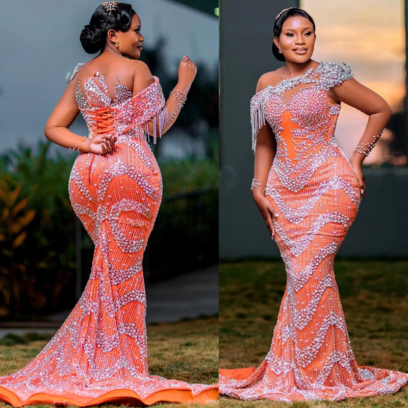 2025 Plus Size Orange Prom Dress Evening Dresses For Black Women Sheer Neck Long Sleeves Beaded Lace Rhinestones Birthday Dress Second Reception Gown 