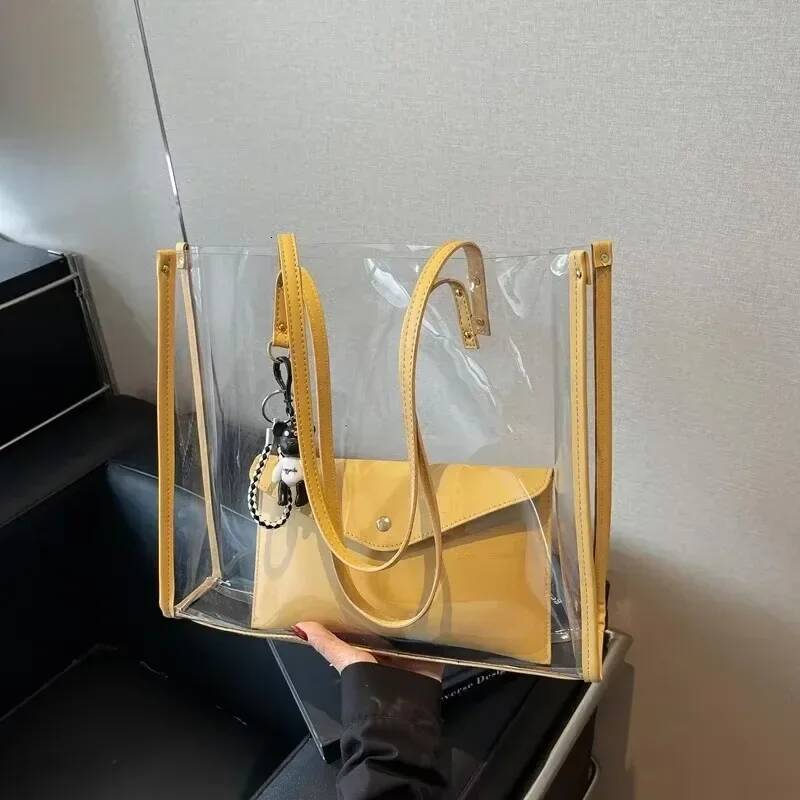 PVC Transparent Material Tote Bags Large Capacity Zipper Sewing for Women 2025 New Thread High Quality Mother and Son Bag
