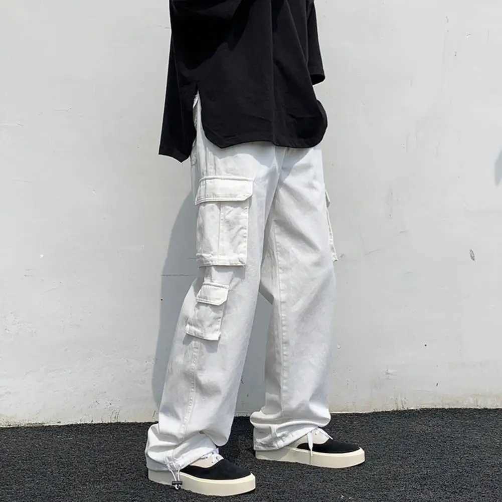 White Men Cargo Pants Hip Hop Wide Leg Sweatpants Mid Waist Loose Multi Pocket Straight Leg Cargo Pants Fashion Streetwear Pants X250812