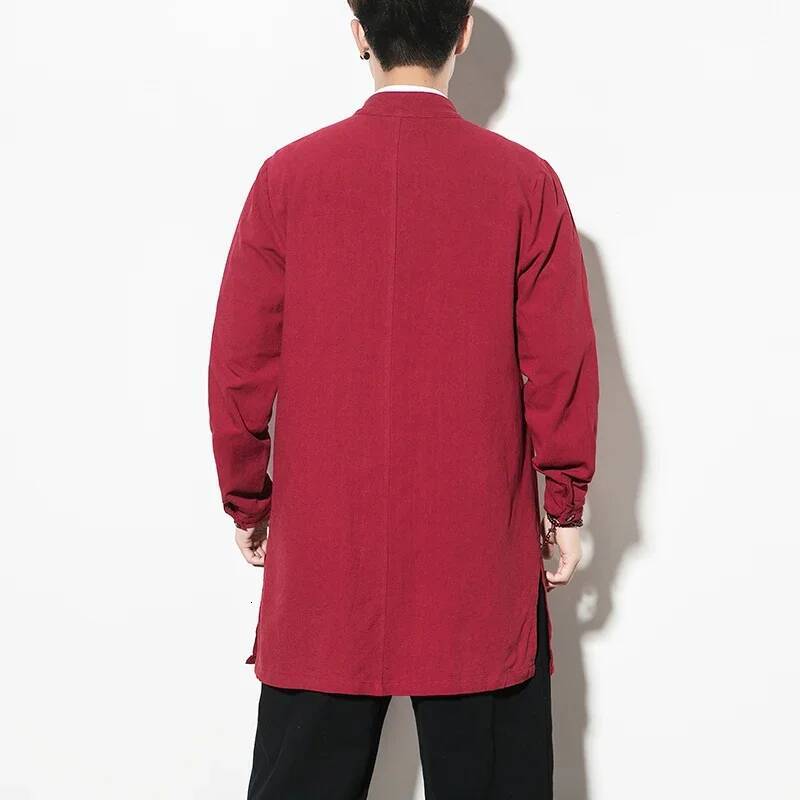 Men's Chinese Style Long Tang Suit Tops Cotton Linen Solid Color Kung Fu Shirts Men Traditional Hanfu Shirt Plus Size 5XL ddmymarket