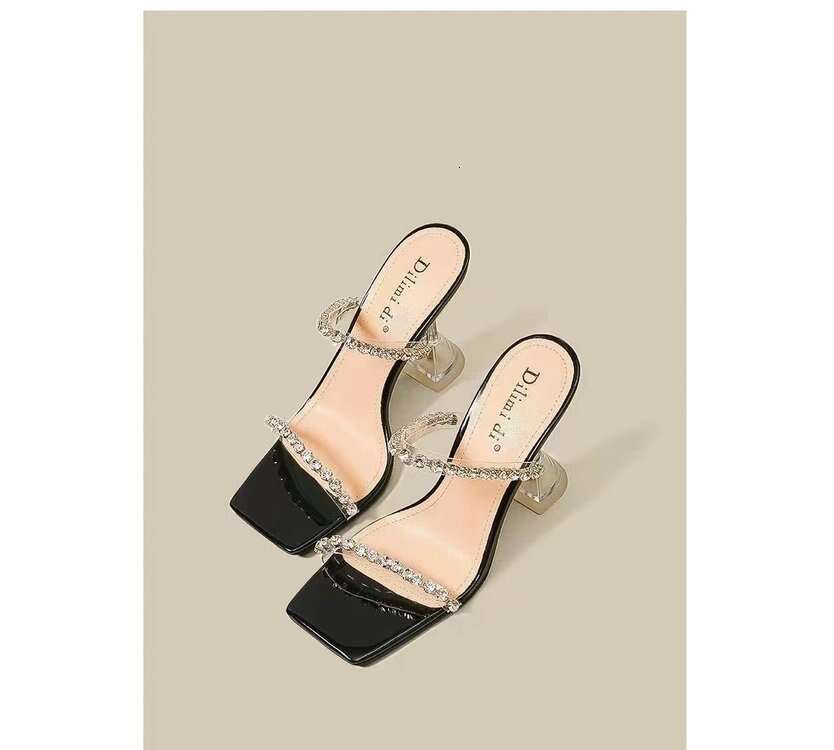 Summer 2025 New Style Rhinestone One-Strap Designer shoe Sandals Women, Thin Transparent Stunning Silver High Heel Slippers Designer for Women ,