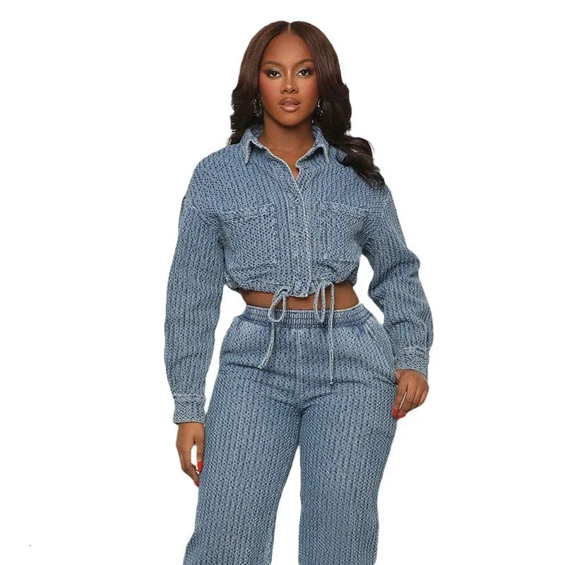 Two Piece Sets Women Denim Jacket Wide Leg Pants Jeans Suits Drawstring Coat Trousers 2025 Y2k Matching Sets Streetwear Outfits 250808