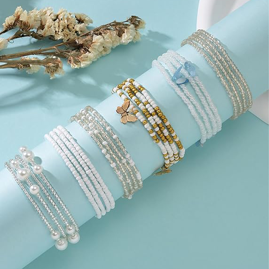 Tornito 8Pcs 31.5 Inches African Waist Bead Chain Elastic Belly Beads Butterfly Shell Layered Body Chain Golden White Tone Jewelry Accessories for Wom