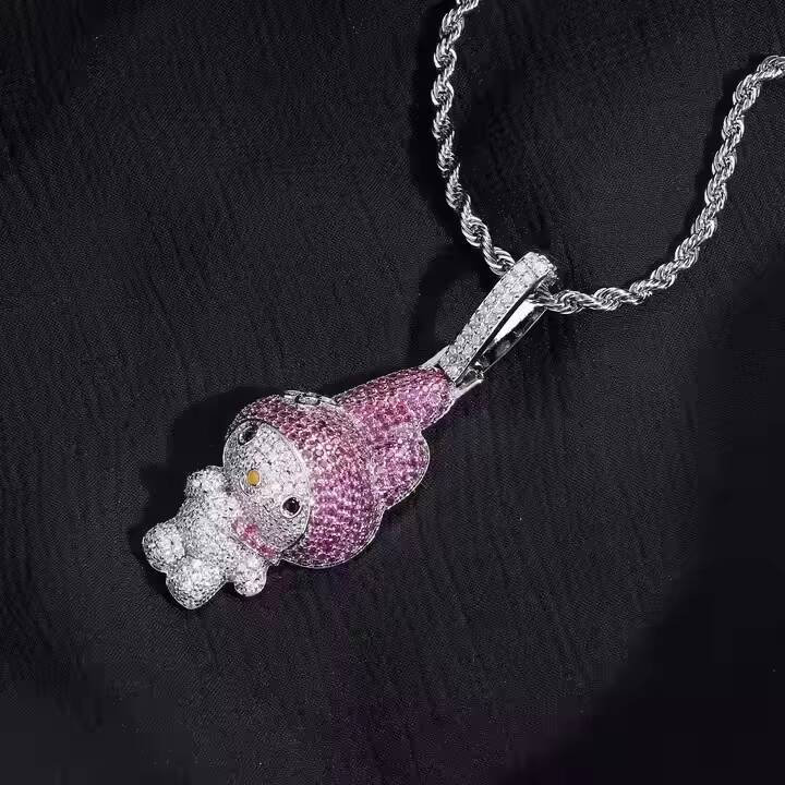 1 Inch Cute Pink Cartoon Character Iced Out Pendant Necklace 925 Silver Luxury Lab Grown Diamond Bling Jewelry for Women USA