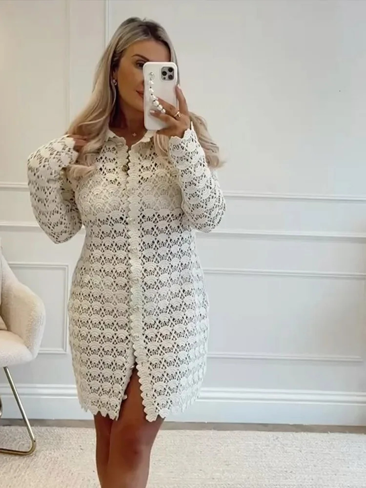 Elegant Knitted Hollow Out Mini Dresses Women Casual Loose Lapel Single Breasted Dress Female Versatile Chic Street Party Beach 250805