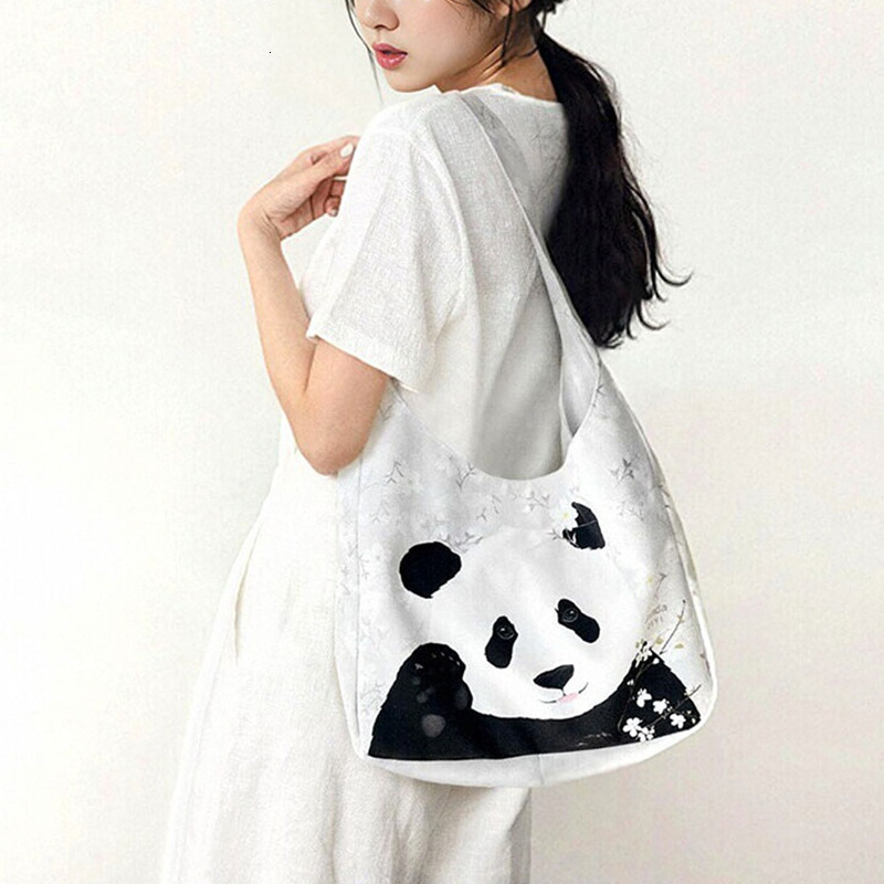 New Chinese Style Casual Floral Canvas Cute Panda Tote Female Students Large Capacity Shoulder Bag for Class
