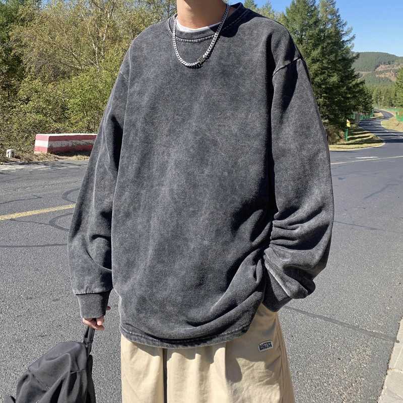 Mens American Style Sweatshirt Spring Autumn Solid Color Washed Vintage Round Neck Loose Casual Long Sleeve Couple Jacket Y250811