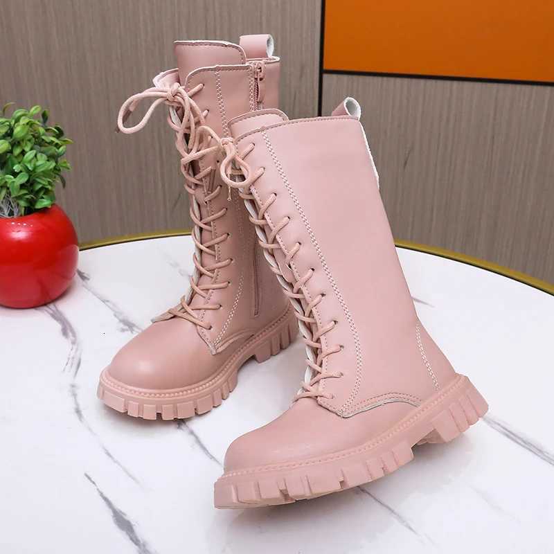 Girl Boots Students Beige Warm Pink Boots Tall Canister Shoes Children Fashion Flat Boots Size 27 To 37 Black Plush Shoes Winter XJ250812