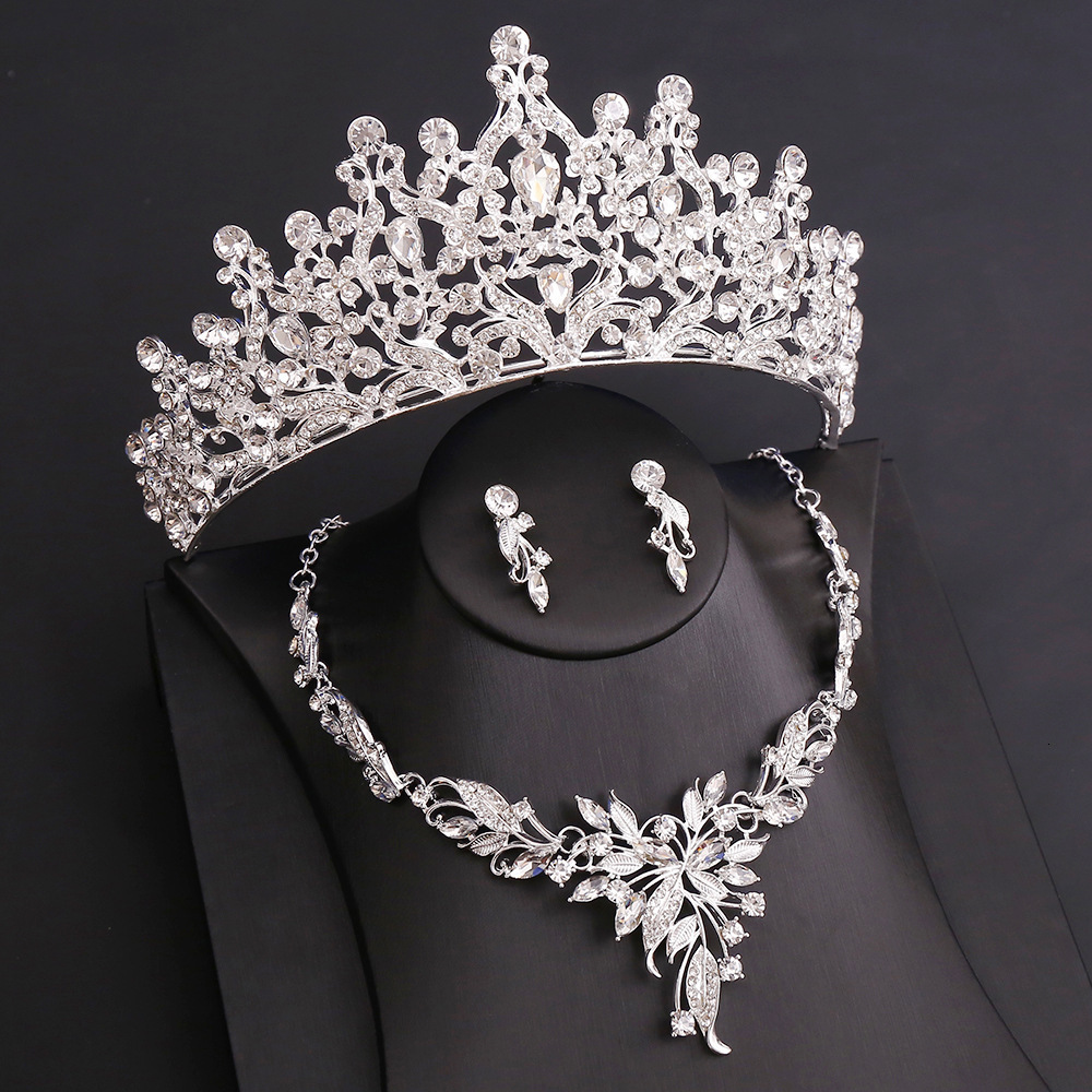 Silver Color Opal Blue Wedding Crown Jewelry sets for Women Tiaras and Earrings necklace set Princess Girls Prom Gifts Accessory 250120