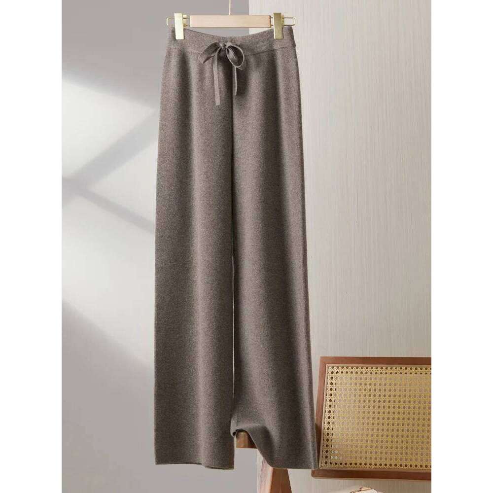 Autumn Winter Simple New Pure Wool Women Straight Pants High Waisted Loose Casual Versatile Knitted Wide Leg Full Length Trouser 20250811