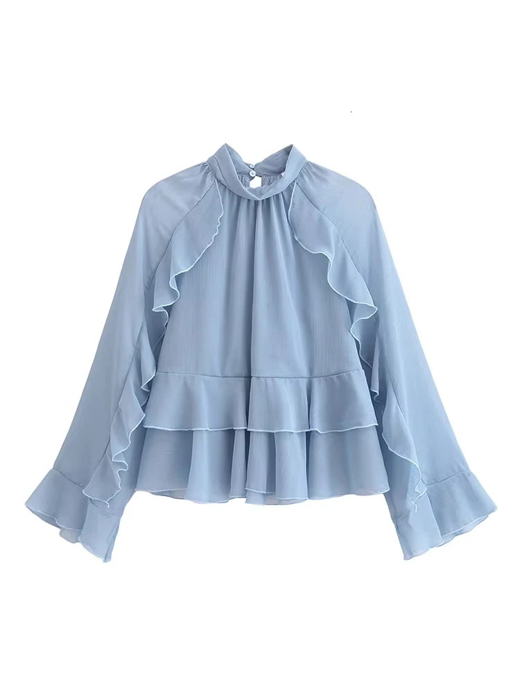 Fashion Temperament Women Ruffle Edge Blouse Chic Stand Up Collar Long Sleeved Shirt Top 2025 Spring Elegant Lady Short Tops 250811