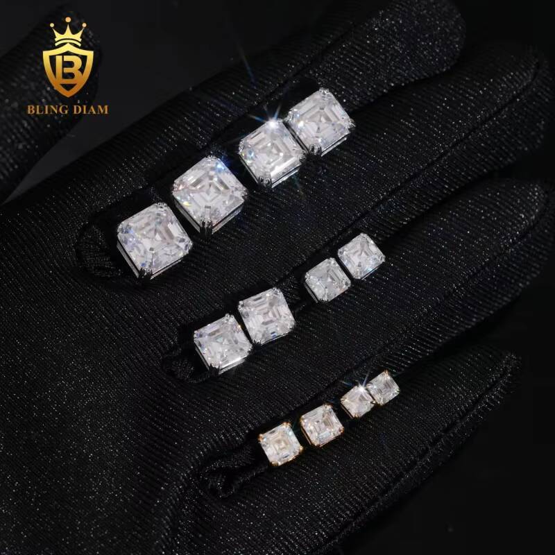 Hot Sale GRA Certificate 4mm-9mm Princess Square Cut Moissanite Diamond Earrings 925 Sterling Silver Hip Hop Stud Earrings Set