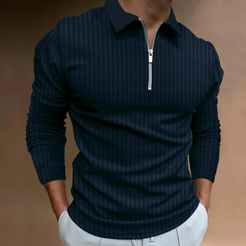 Mens Polo Shirt with Collar Stripes Long Sleeves and Zipper 250811