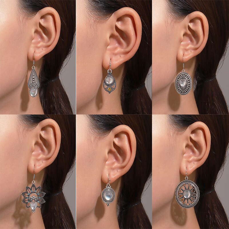 New Heart Turquoise INS Alloy Vintage Geometric Moonstone Drop Earrings Ethnic Style Ear Jewelry