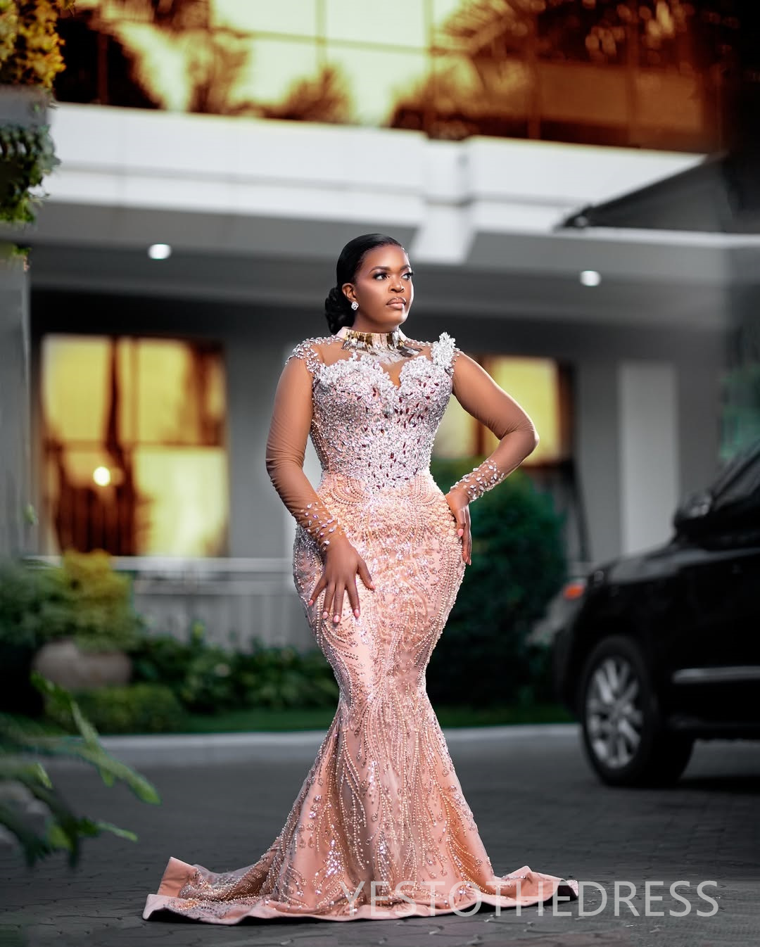 2025 Plus Size Prom Dress Evening Dresses For Black Women High Neck Long Sleeves Beaded Lace Shining Mirror Sequins Birthday Dress Second Reception Go
