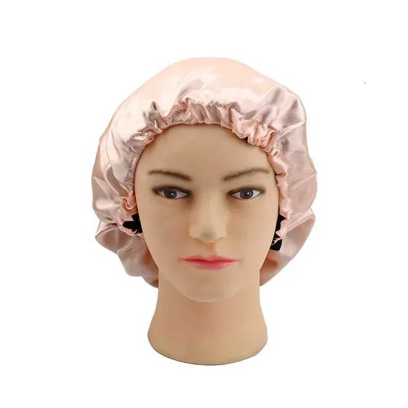 Adjustable Double Layer Satin Bonnet Nightcap Double-Sided Women Round Shower Caps Night Sleep Polyester Hat Solid Black Lining XJ250812