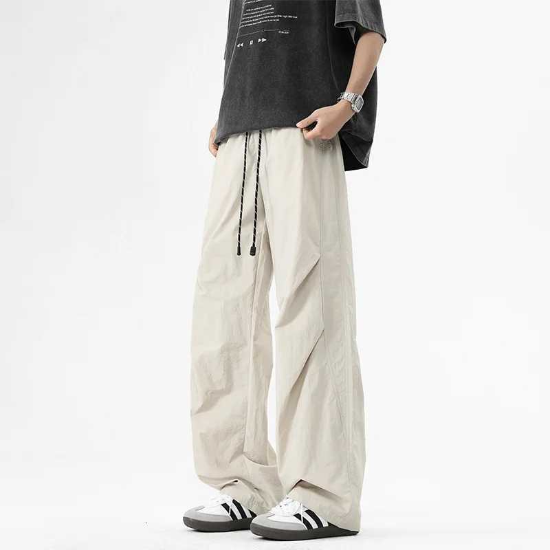Spring Summer Cargo Pants Mens Harajuku Street Y2k Solid Color Drawstring Wide Leg Pants Outdoor Casual Fishing Sports Pants W250812