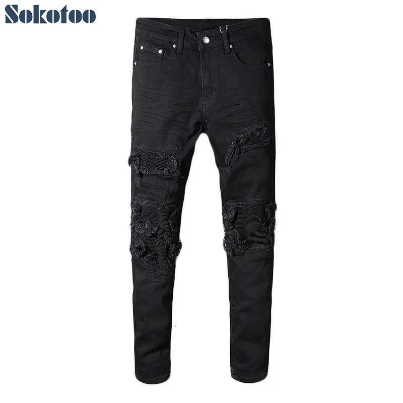 Sokotoo Mens Black Patchwork Stretch Denim Biker Jeans for Motorcycle Slim Fit Skinny Ripped Pencil Pants X250812