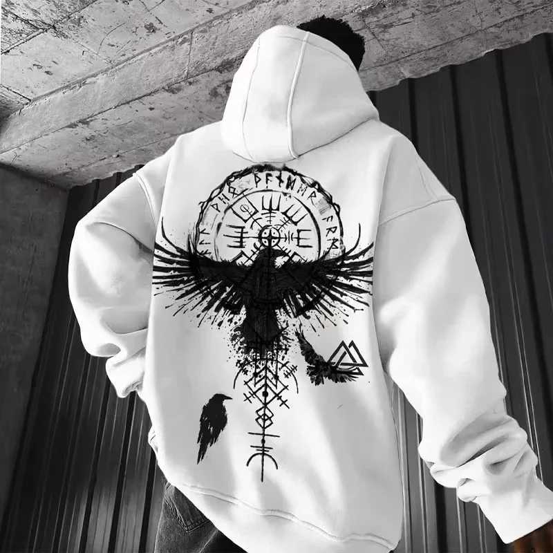 Mens Viking Totem Printed Hooded Sweatshirt Y2K Cotton Hooded Sweatshirt Loose Eagle Pattern Fresh Sport functional Fashionable Y250811