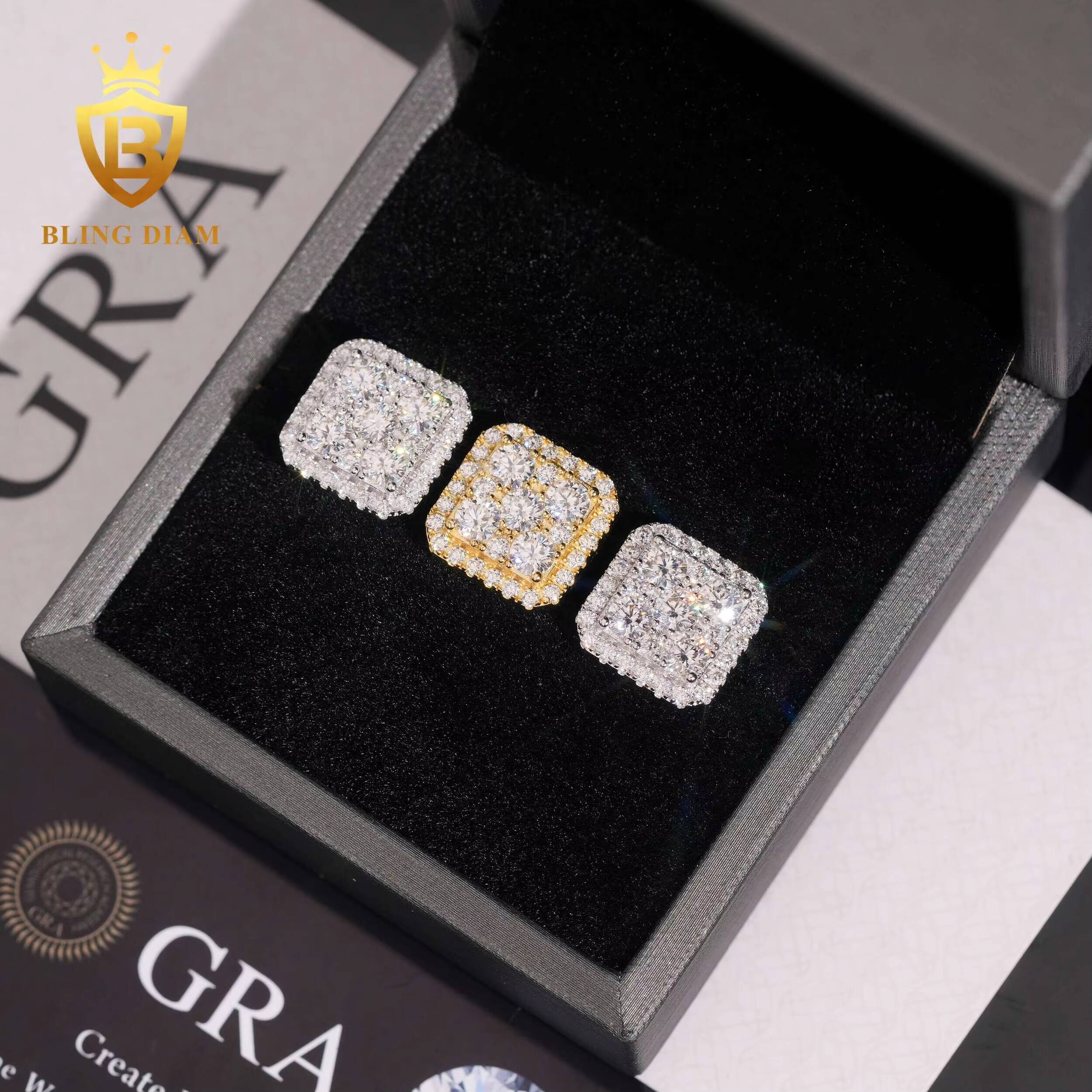 Trendy Jewelry Wholesale 925 Silver Gold Plated Vvs Moissanite Diamond Square Earrings Screw Back Stud Cluster for Man Women