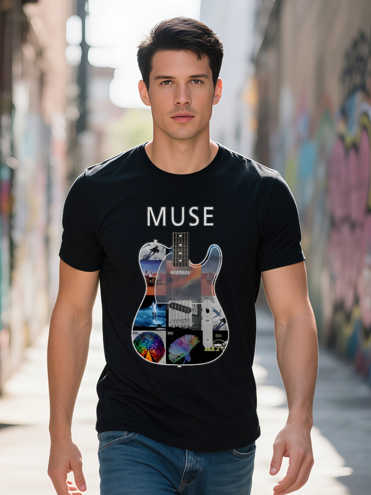 Men s Casual Graphic T Shirt with Electric Guitar Collage Print MUSE Text Black Music Inspired Design Breathable