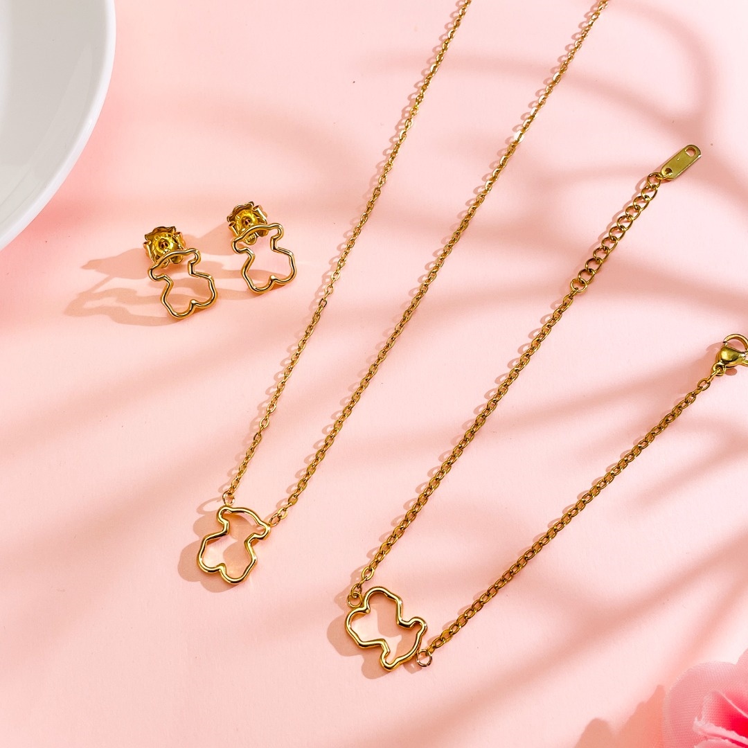 New Fashion Women Men Silver Rose Gold Stainless Steel Bear Cartoon Animal White Zircon Hollow Open Bangle Pendant Necklace Earrings Sets Jewelry