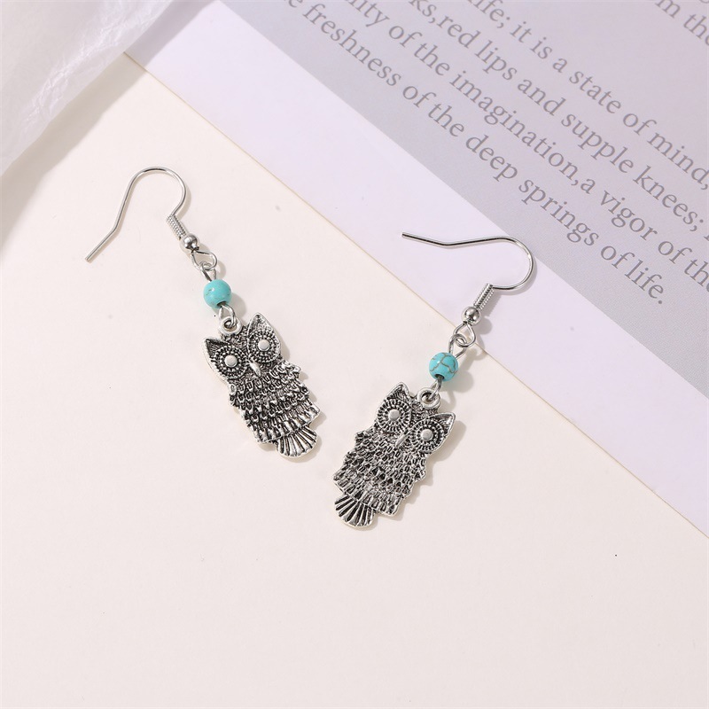 Ethnic Style Owl With Turquoise Inlay, Long Alloy Animal Earrings For Women