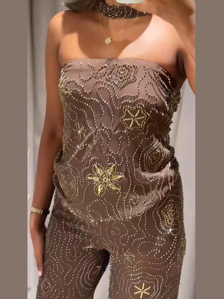 Chic Beaded Womens Top Pant Set Sexy Slim Halter Sleeveless Crop Tops See Through Elastic Waist Wide Leg Pants Summer Outfits 250811