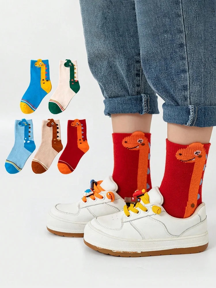 5 Pairs of Fourseason Kidsrens Socks for Spring Fall Seasons Cartoon Neck Dragon Dinosaur Boys and Girls Midcalf Baby 250812