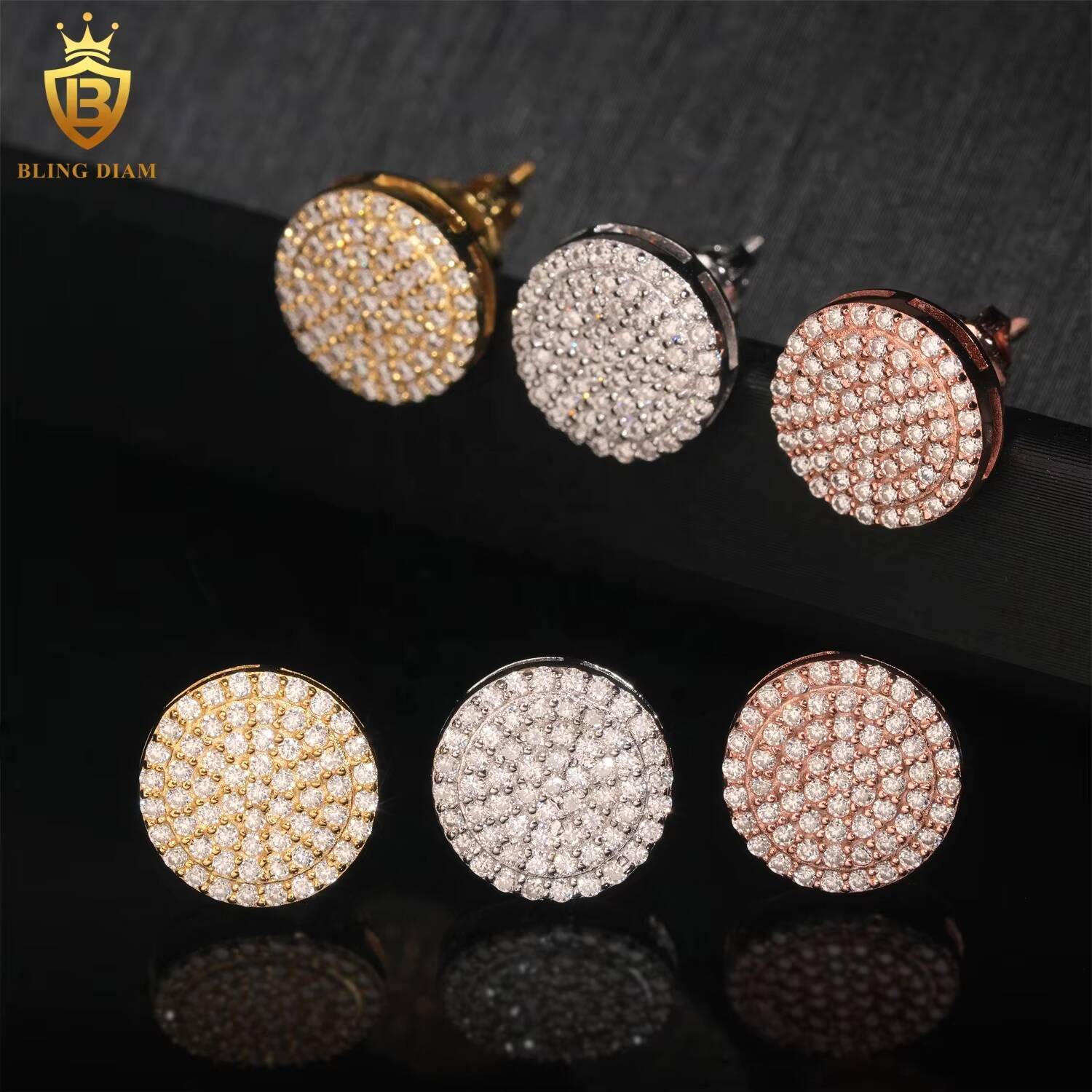 Fashion Jewelry Hip Hop Iced Out Moissanite 925 Sterling Silver Gold Plated Stud Earrings
