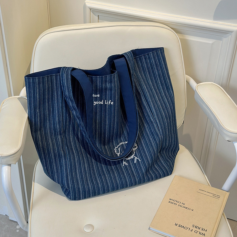 New Denim Two-Sided Embroidered Canvas Korean Ins Style Tote Casual Shoulder Large Capacity Bag