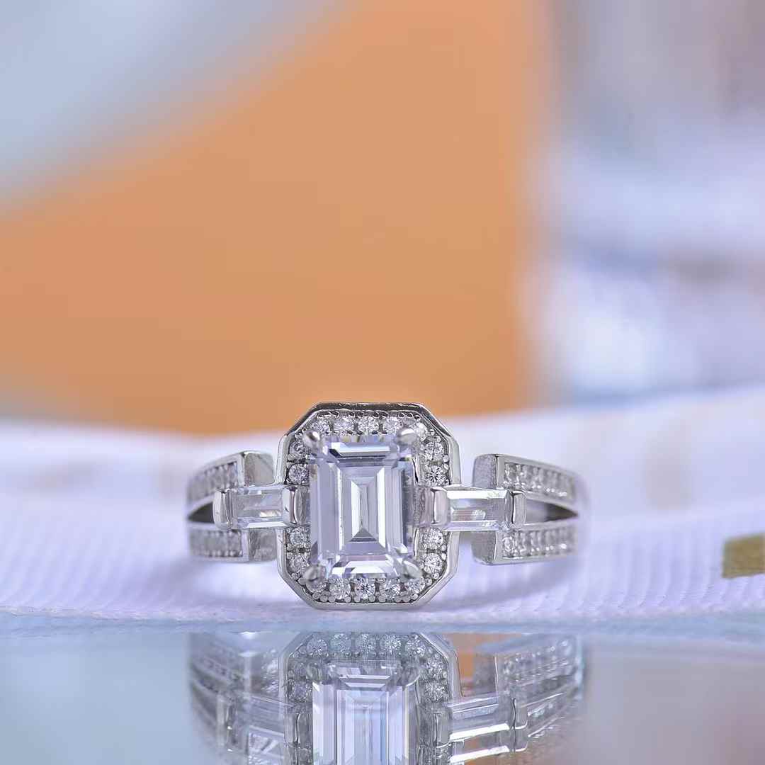 Moissanite Ring Women s Art Deco Emerald Cut Sparkly Silver Band for Brides Wedding Ceremonies Anniversary Celebrations Glamorous Party Nights