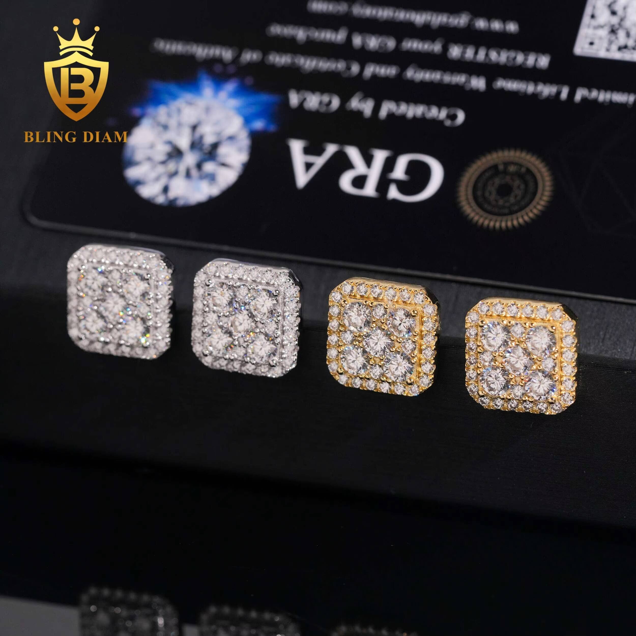 Trendy Jewelry Wholesale 925 Silver Gold Plated Vvs Moissanite Diamond Square Earrings Screw Back Stud Cluster for Man Women