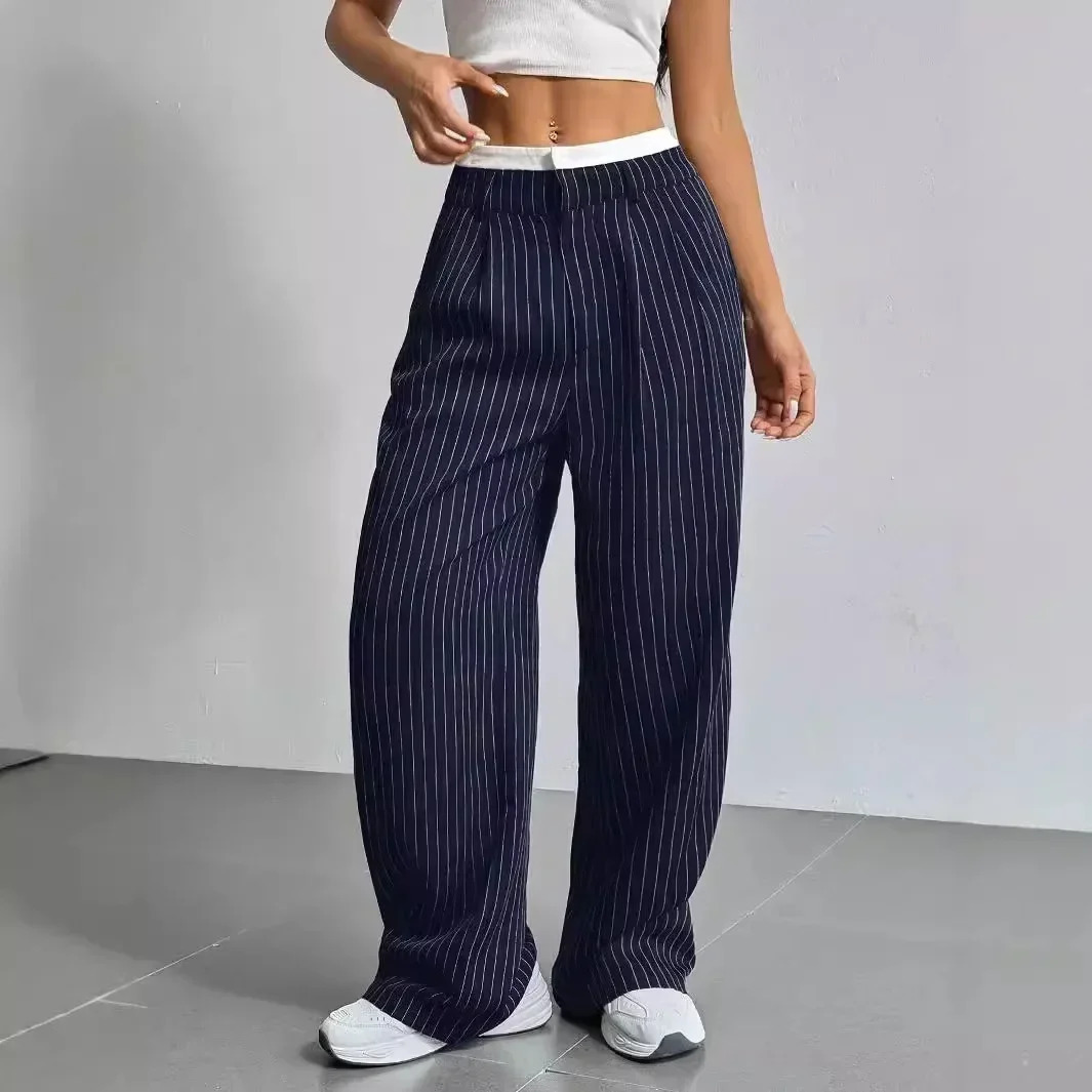 Women Stripes Printed Full Length Pants Trousers High Waist Fashion Casual Y2K Pants Loose Wide Leg 250811
