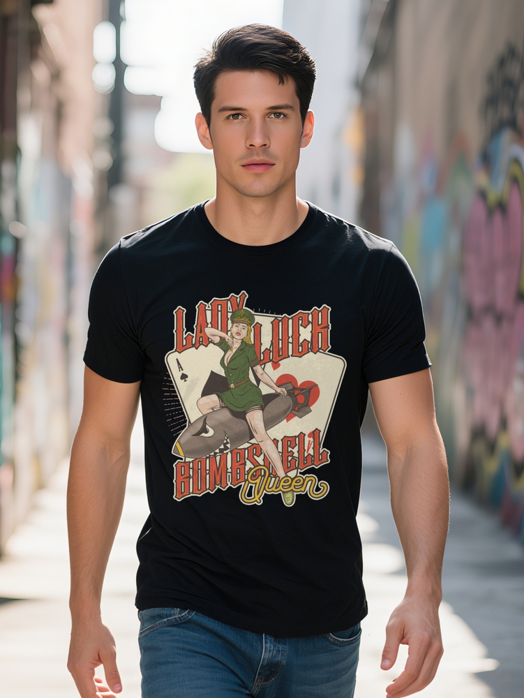Men S Crew Neck T Shirt with Lady Luck Bombshell Queen D Print Design Green Bomber Jacket Red Lipstick Heart