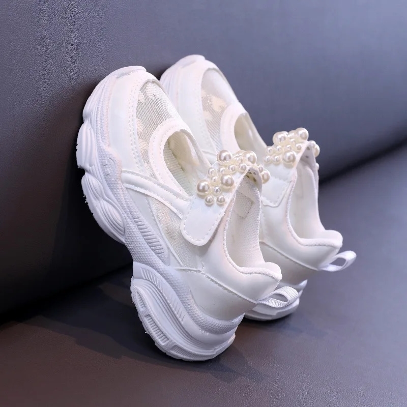 Summer Girls Tennis Shoes Mesh Hollowed Solid Color Pearl Sports Kids Princess Sneakers Cute Heart w250725