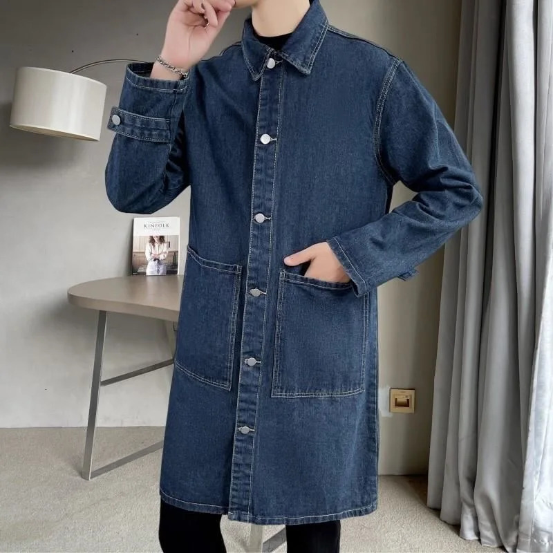 Vintage Denim Trench Coat Men Medium Long Styles Loose Tops Windbreaker Autumn Winter With Plush Thickening Overcoat Jacket 250805
