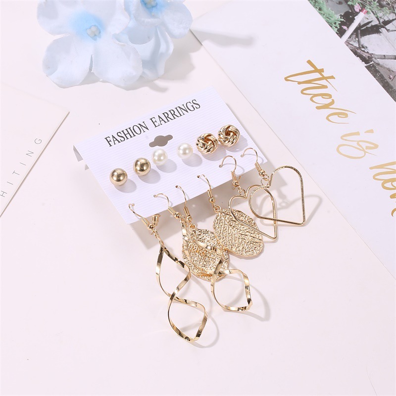 Hot Selling Fashion Leaf Cross Heart Set 6 Pairs Card Pack Windmill Pearl Stud Earrings