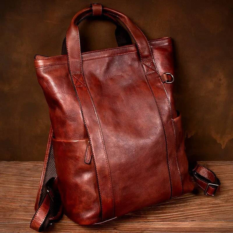 New vintage handmade patina backpack, Japanese style large capacity leather laptop bag for men and women high-quality