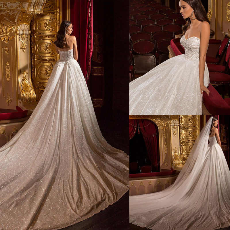 New Arrival Sweetheart Lace Up A-Line Glitter Tulle Wedding Dress Backless Court Wedding Bridal Gowns Customzied