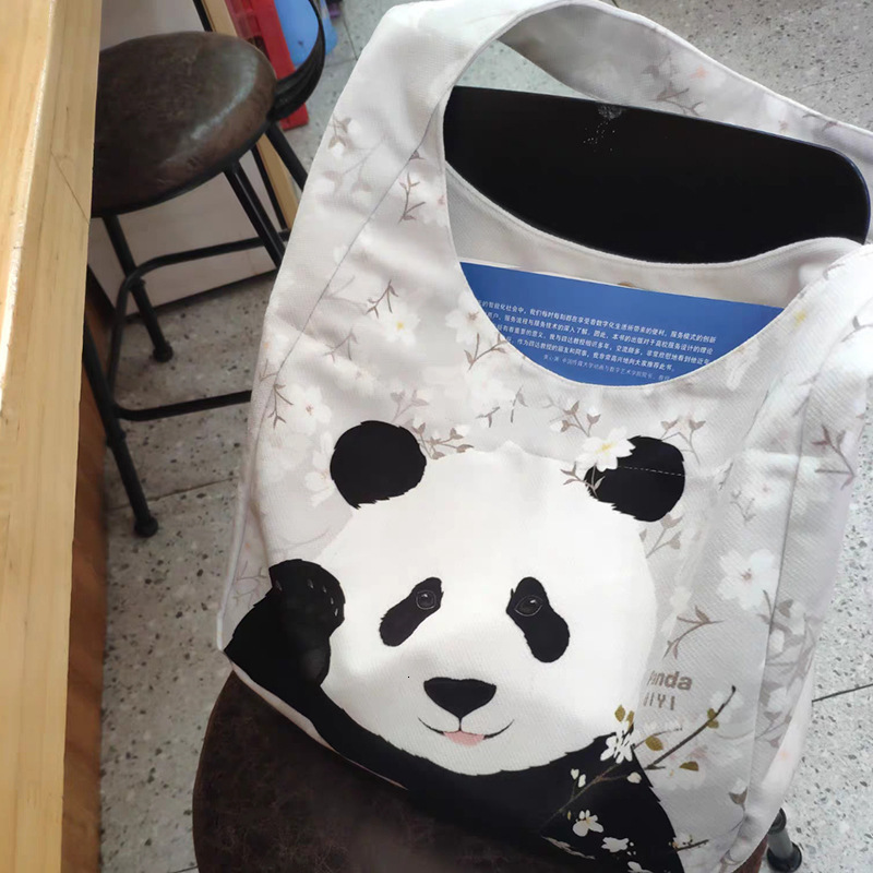 New Chinese Style Casual Floral Canvas Cute Panda Tote Female Students Large Capacity Shoulder Bag for Class