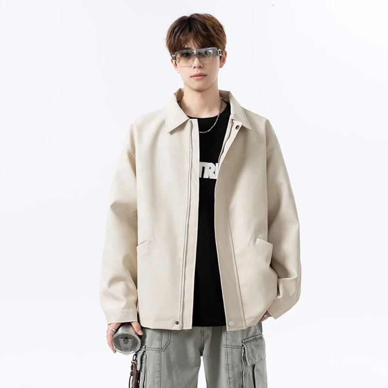 FEWQ High Street Mens PU Leather Jackets Solid Color Turn-down Collar Casual Pocket Fashion Loose Trendy Male Coats 24K5478 250811