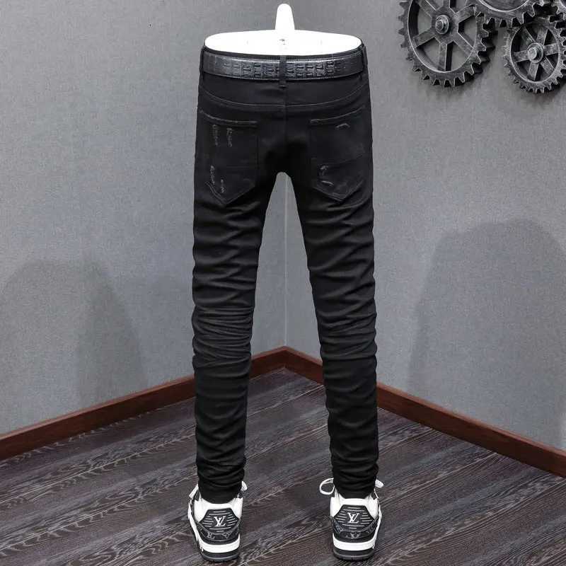 Fashionable new mens black jeans washed nostalgic stretchy slim fit green patch jeans high street designer hip-hop brand X250812
