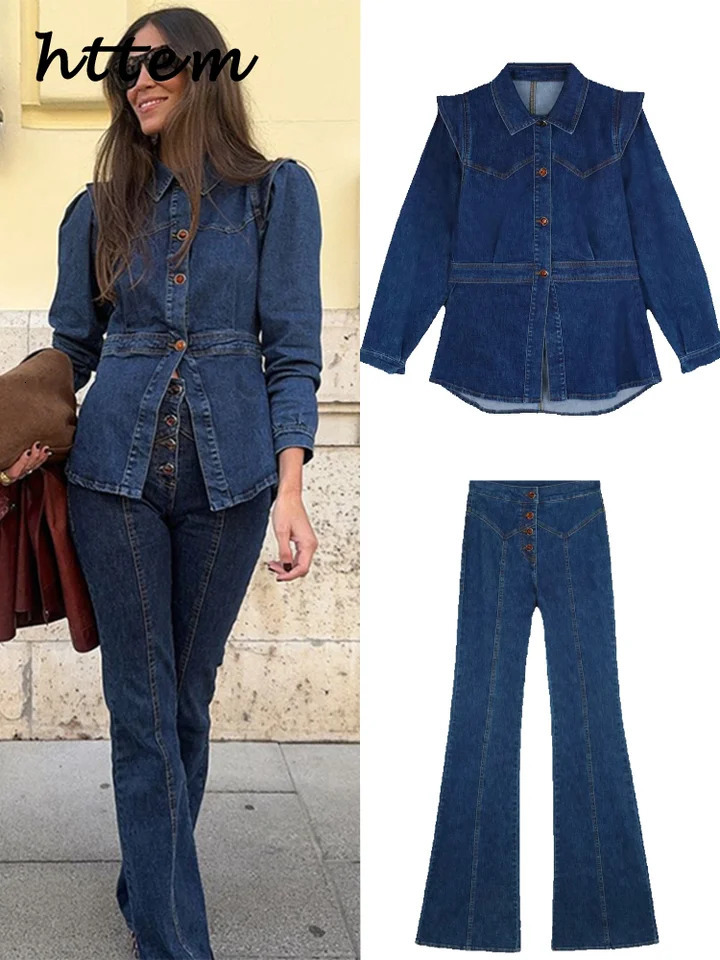 Denim Jacket Pants Sets Women Lapel Waist Cinching Split Jackets High Waist Straight Jeans Suits 2025 Spring Lady Street Outfits 250808