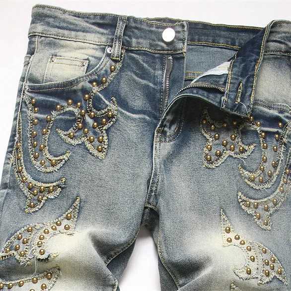 Mens Fashion High Street Hip Hop Jeans Pants With Rivet Streetwear Washed Vintage Denim Trousers Slim Fit Stretchy Retro Jeans X250812