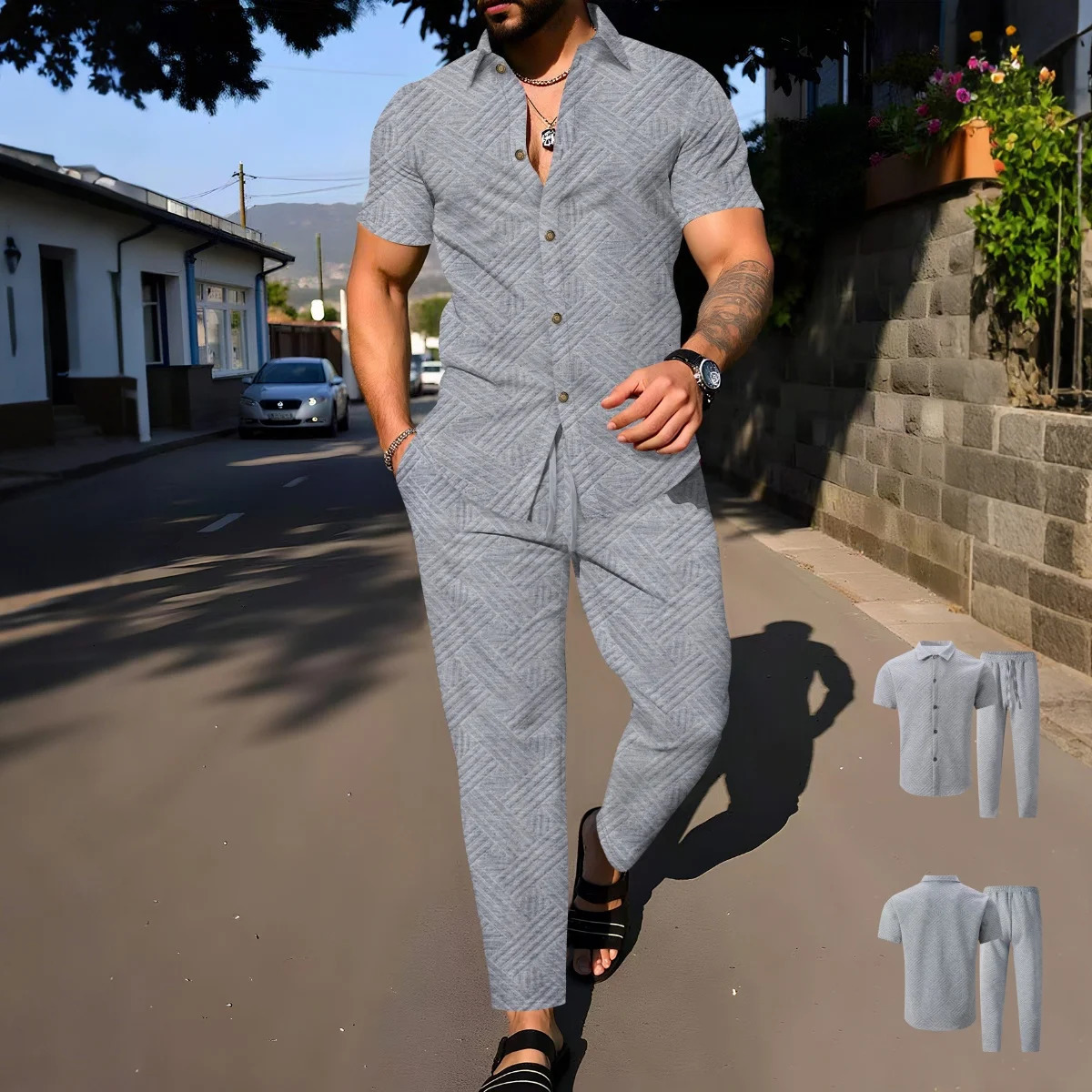 2025 Summer Mens Solid Color Jacquard Polo Two-Piece Set - Short-Sleeve Shirt Long Pants - Outdoor Stylish Suit for Men 250811